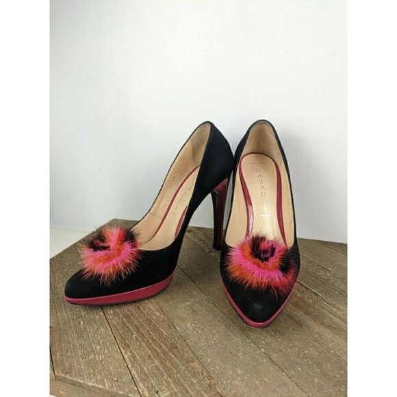 Casadei heels black pink suede ultra high sexy platform fur pompom sz 7 - Picture 2 of 12